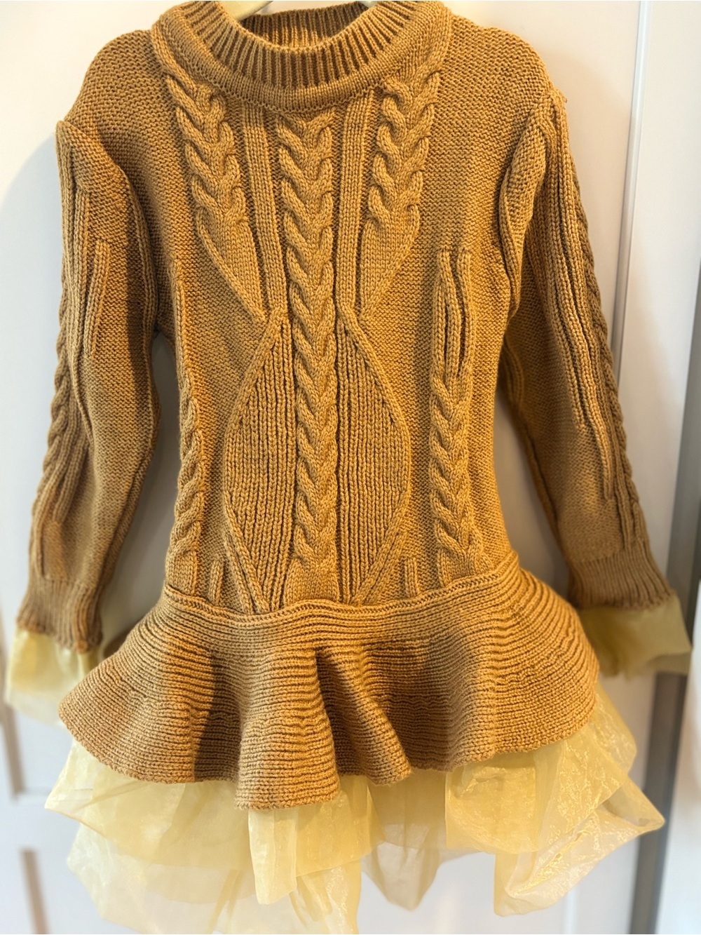 Cable Knit Peplum Sweater Dress in Mustard Yellow